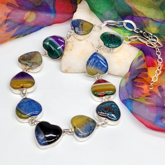 Vintage Jewelry - Vintage Jewelry Sterling Silver 925 Necklace Genuine Agate Stones Heart